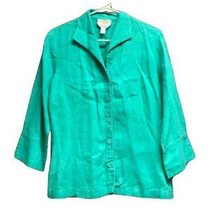 Talbots Shirt Jacket Green 100% Irish Linen Button Front Sz 8